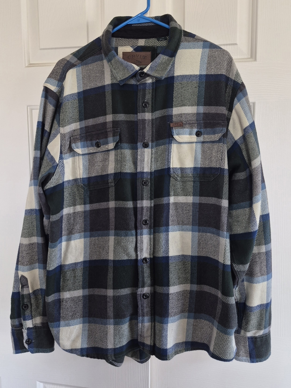 Orvis Men's Blue & White Plaid Heavy Button-Up Shirt XL
